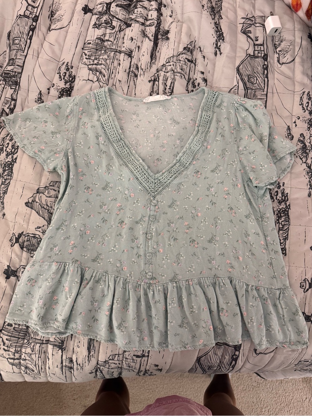 Hippie Rose Mint Green Floral V-Neck Ruffle Blouse
